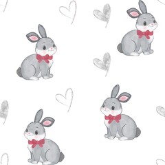 Seamless watercolor pattern with cute bunnies and silver hearts. Soft pastel colors create a charming, whimsical, and playful design. Perfect for Easter, spring, fabric, textile, wrapping paper