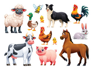 Collection of farm animals. Vector cartoon illustration