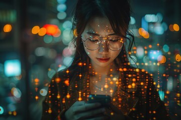 Woman interacting with AI bot chat GPT through smartphone