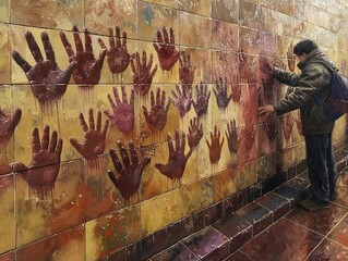 A man is touching a wall covered in hand prints. The man is looking at the wall, possibly admiring the artwork or trying to understand the meaning behind the hand prints