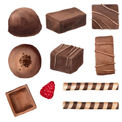 Chocolate sweets set and chocolate stick hand drawn with watercolor isolated on white background for cards, patterns, labels, invitations, flyers