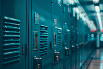Row of school lockers, teal tone, contemporary color grading, blurred foreground and background. School backgrounds concept - obrazy, fototapety, plakaty