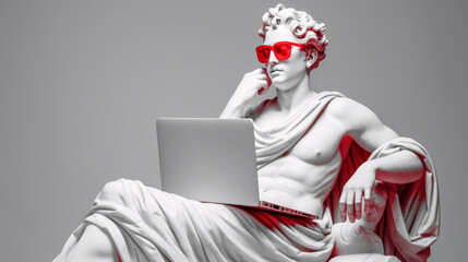Apollo marble statue with red glasses, modern meets myth, creating a striking visual narrative. Light gray gradients, monochrome with splash of red, copy space