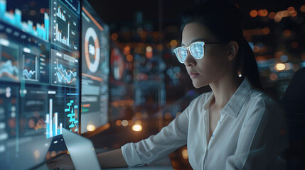 East Asian data analyst Looking at an infographic on the screen