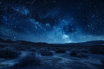 Starry Night Sky Over Desert Landscape, Astrophotography Concept - obrazy, fototapety, plakaty