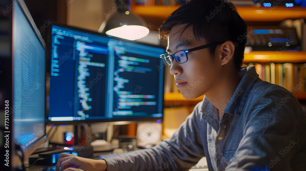 Poster east asian programmer reading program code