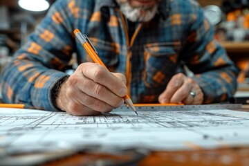 architect reviewing blueprints with pencil and ruler