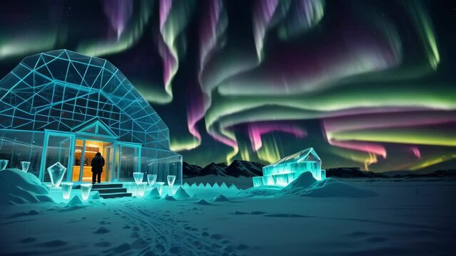 igloo made of glass under the northern lights in the Arctic, potentially used for advertising tourism in the Arctic or for illustrating a story about a trip to the Arctic