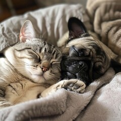 A cat and a dog sleeping next to each other small