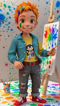 a 3D cartoon boy holding a brush and standing in front of an easel with a colorful painting, potentially used for illustrating a children's book or for advertising art supplies
