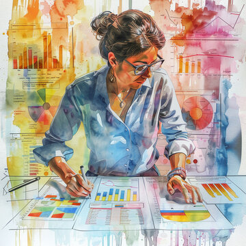 An entrepreneur follows her roadmap, surrounded by charts of ups and downs, in vibrant watercolor