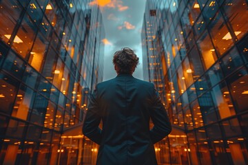 Back of a businessman in suit surrounded with huge business complex offices - obrazy, fototapety, plakaty