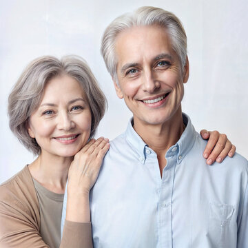 elderly European couple with gray hair, the woman hugs the man's shoulders, they smile, on a white background