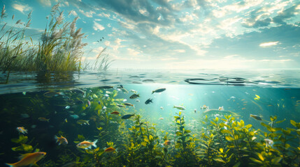 Split View of Calm Lake with Fish Underwater - obrazy, fototapety, plakaty