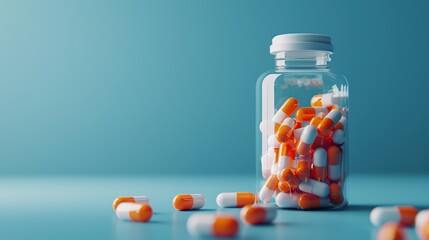 Orange white capsule from a plastic medicine bottle isolated on a blue background. 3d rendering with copy space - obrazy, fototapety, plakaty