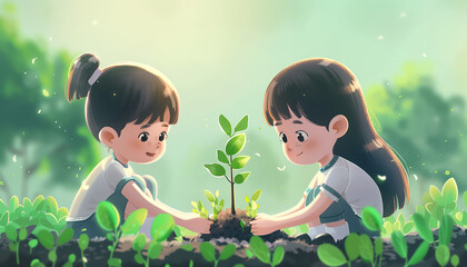 Illustration of two kids planting a small tree in nature for the environment. Arbor day