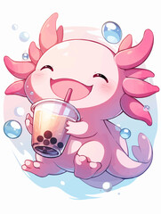 Kawaii illustrated Axolotl drinking Boba Tea Bubble Tea / Japanese Neko Anime Illustration of a cute Pet loving Boba Tea