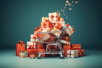 Shopping cart overflowing with wrapped gift boxes with pastel pink background, Shopping cart...