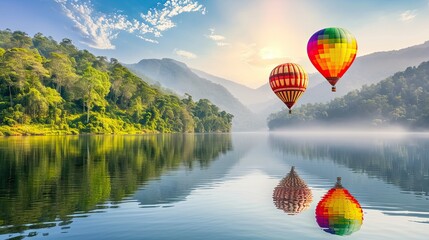 Fototapeta premium The reflection of hot air balloons on a calm, glassy lake surface.