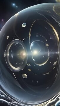 3d rendering of different abstract shining spheres located in a dark space with stars and nebulae, potentially used for illustrating scientific articles or as a screensaver