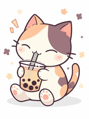 Kawaii illustrated Cat drinking Boba Tea Bubble Tea / Japanese Neko Anime Illustration of a cute Pet loving Boba Tea