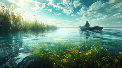 Reflective Water Surface with Angler and Aquatic Plants Beneath - obrazy, fototapety, plakaty