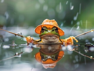 A tiny frog in a rain hat fishing in a puddle white background