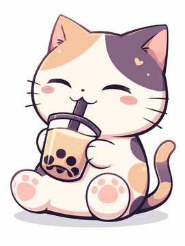 Kawaii illustrated Cat drinking Boba Tea Bubble Tea / Japanese Neko Anime Illustration of a cute Pet loving Boba Tea
