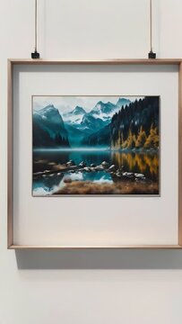 a dynamic landscape painting in a frame hanging on a white wall, the landscape shows mountains and a lake; the purpose of the video could be to showcase the painting or to create a relaxing atmosphere