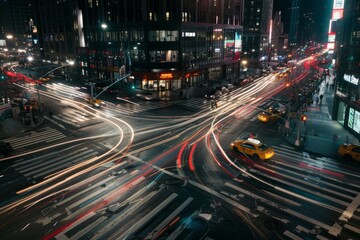 A city street filled with lots of traffic at night, with cars creating streaks of light as they move through the intersection