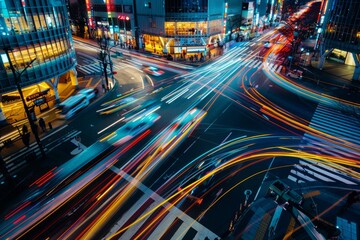 A city street filled with traffic at night, with cars moving through the intersection creating streaks of light - obrazy, fototapety, plakaty