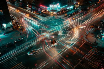 A city street bustling with traffic at night, with streams of cars creating streaks of light as they move through the intersection - obrazy, fototapety, plakaty