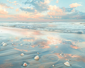 Dawn at Myrtle Beach, a watercolor scene with soft hues reflecting off shells scattered along the coast - obrazy, fototapety, plakaty
