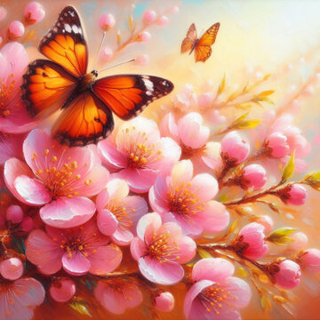 spring pink flowers painted with oil paints on canvas and bright orange butterfly