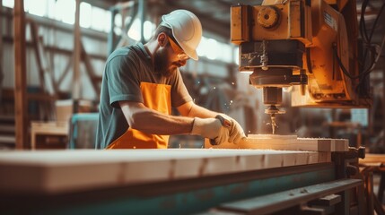 carpenter works wood with modern machines in a large workshop