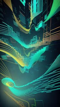 a digital abstract animation of green and blue lines slowly transforming into an abstract 3D cityscape, which can be used as a background for a website or as a screensaver.