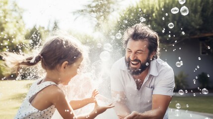 Playful dad and kids enjoy outdoor water balloon fight, laughing and splashing in the sun, creating cherished memories of family fun.
 - obrazy, fototapety, plakaty