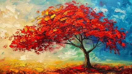 Obraz na płótnie Canvas A vivid oil painting featuring a striking red acacia tree. Perfect as a banner with ample text copy space. Embrace the beauty of nature's vibrant hues