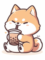 Kawaii illustrated Dog Shiba Inu Akita drinking Boba Tea Bubble Tea / Japanese Neko Anime Illustration of a cute Pet loving Boba Tea