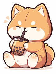 Kawaii illustrated Dog Shiba Inu Akita drinking Boba Tea Bubble Tea / Japanese Neko Anime Illustration of a cute Pet loving Boba Tea
