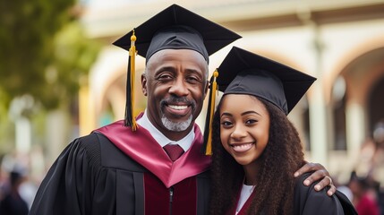 Proud father attends daughter's graduation ceremony, filled with pride, celebrating her achievement and looking forward to her bright future ahead.
 - obrazy, fototapety, plakaty