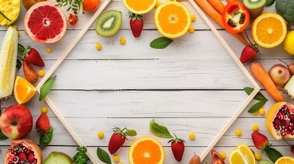 Frame with lots of healthy fruits and vegetables with copy space