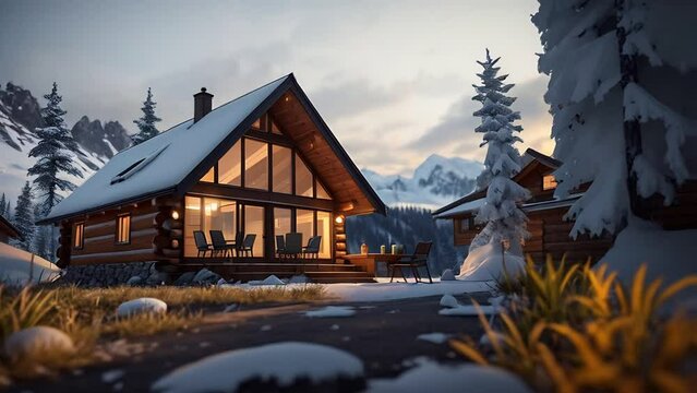 modern log cabin amidst a snowy mountain landscape, with the warm glow of the interior lights with the cool tones of the surroundings, for showcasing vacation rentals or architectural designs.