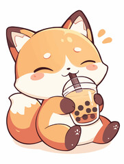 Kawaii illustrated Fox drinking Boba Tea Bubble Tea / Japanese Neko Anime Illustration of a cute Pet loving Boba Tea