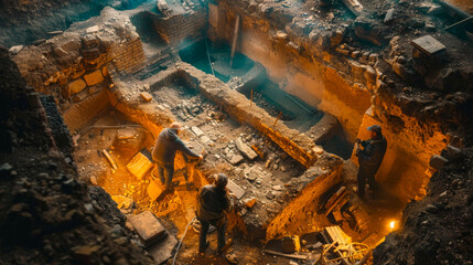 Archeological Excavation Site with Workers and Ancient Ruins