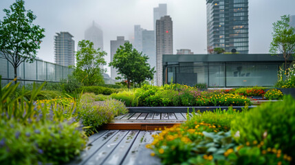 Green Roof Building Surrounded by Colorful Urban Plant Beds