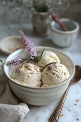 vanilla ice cream with peanut butter in bowl , Provence style