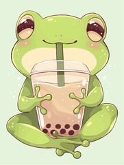 Kawaii illustrated Frog drinking Boba Tea Bubble Tea / Japanese Neko Anime Illustration of a cute Pet loving Boba Tea