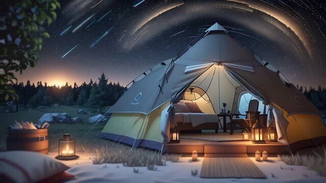 a cozy glamping tent at night, illuminated by warm light and surrounded by nature, beneath a starry sky with shooting stars, it may serve as an advertisement for a glamping site or inspire viewers