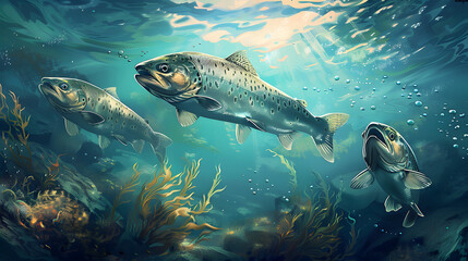group of salmon fishes - obrazy, fototapety, plakaty
